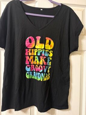 Black Tee with Rainbow Tie-Dye 'Old Hippies Make Groovy Grandmas' Graphic